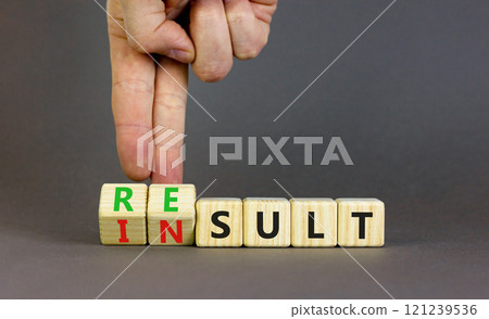 Result or insult symbol. Concept words Result Insult on wooden cubes. Beautiful grey table grey background. Businessman hand. Business and result or insult concept. Copy space. Result or insult symbol. Concept words Result Insult on wooden cubes. Beautiful grey table grey background. Businessman hand. Business and result or insult concept. Copy space. 121239536