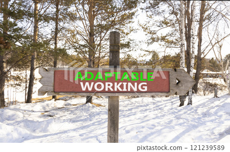 Adaptable working symbol. Concept words Adaptable working on beautiful wooden road sign. Beautiful winter forest snow tree background. Business Adaptable working concept. Copy space. Adaptable working symbol. Concept words Adaptable working on beautiful wooden road sign. Beautiful winter forest snow tree background. Business Adaptable working concept. Copy space. 121239589