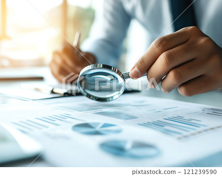 Businessman holding a magnifying glass over a document with charts and graphs Businessman holding a magnifying glass over a document with charts and graphs 121239590