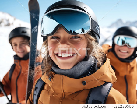 Happy young skiers wearing helmets and goggles, dressed in warm jackets Happy young skiers wearing helmets and goggles, dressed in warm jackets 121239596