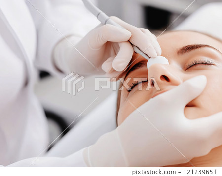 Close-up of a medical professional performing a skin treatment 121239651