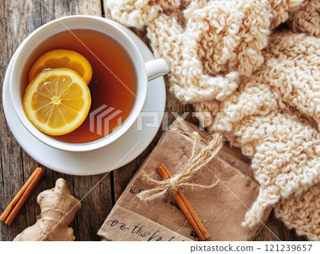 A warm cup of tea with lemon slices, ginger, and cinnamon placed on a rustic wooden table 121239657