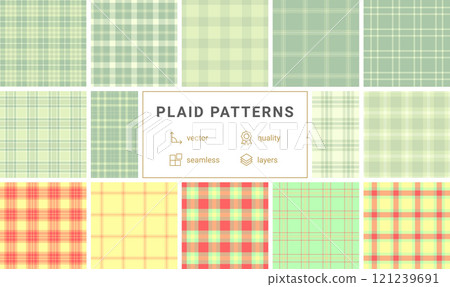 Plaid fabric designs featuring colorful checks and stripes, ideal for textile, wallpaper, or trendy fashion prints. 121239691