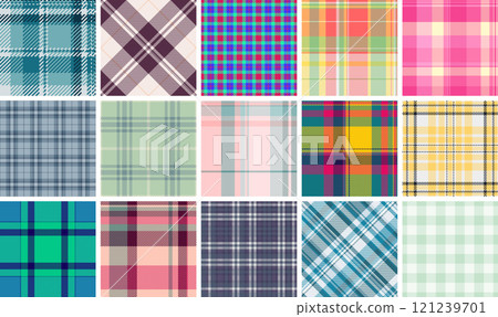 Gingham and plaid patterns in classic colors, great for fabric, material prints, and shirts with a trendy and rustic Scottish twist. 121239701