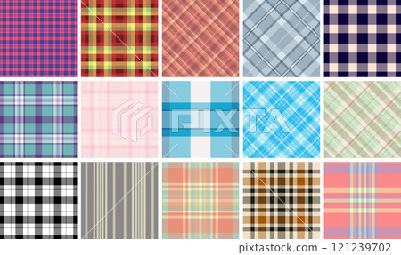 A plaid textile set with striped and check patterns, perfect for rustic shirts, trendy fabric prints, or classic wallpaper. A plaid textile set with striped and check patterns, perfect for rustic shirts, trendy fabric prints, or classic wallpaper. 121239702