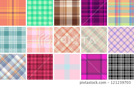 Plaid fabric designs with square checks and horizontal stripes, perfect for rustic fashion, celtic patterns, and classic British textiles. Plaid fabric designs with square checks and horizontal stripes, perfect for rustic fashion, celtic patterns, and classic British textiles. 121239703