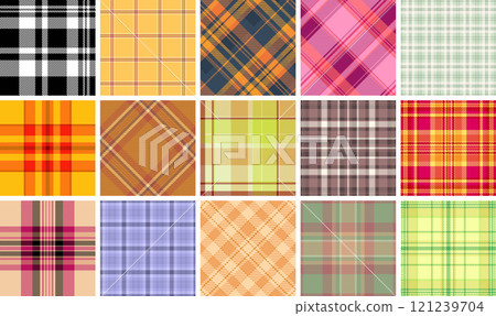 A vibrant plaid collection with gingham-inspired checks and celtic motifs, great for fabric and textile prints in fashionable colors. A vibrant plaid collection with gingham-inspired checks and celtic motifs, great for fabric and textile prints in fashionable colors. 121239704