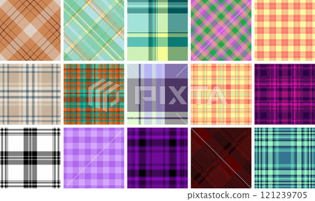 Plaid fabric designs with square checks and horizontal stripes, perfect for rustic fashion, celtic patterns, and classic British textiles. Plaid fabric designs with square checks and horizontal stripes, perfect for rustic fashion, celtic patterns, and classic British textiles. 121239705