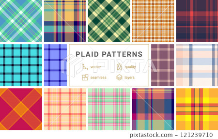 Classic plaid patterns in a colorful collection for shirts, textiles, and rustic backgrounds. Perfect for fabric and wallpaper designs. 121239710
