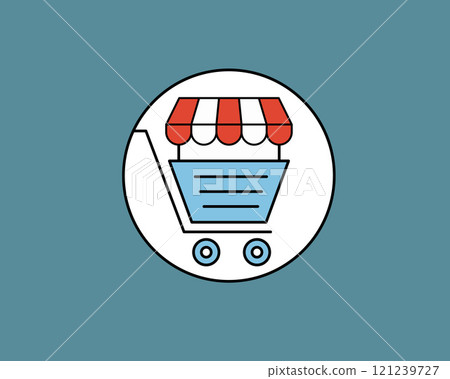 Shopping store logo for mobile e comerce and local market branding. Online shop icon simple minimalist sign for payments, shipping and sale, vector illustration. 121239727
