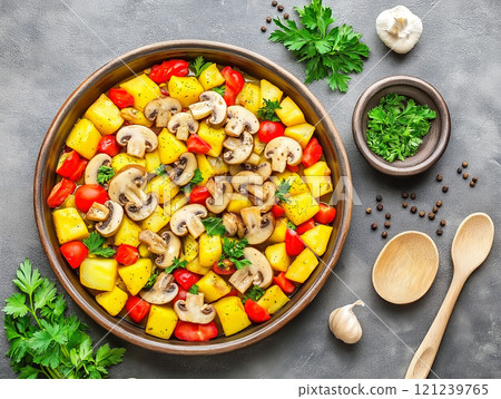 Colorful vegetable dish with mushrooms, potatoes, and tomatoes in a rustic bowl 121239765