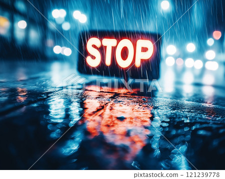 Neon text sign illuminated on a wet city street 121239778