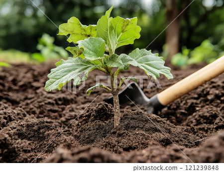 A freshly planted sapling in rich soil with a gardening tool A freshly planted sapling in rich soil with a gardening tool 121239848