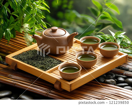 Traditional tea set with teapot and cups of green tea Traditional tea set with teapot and cups of green tea 121239850