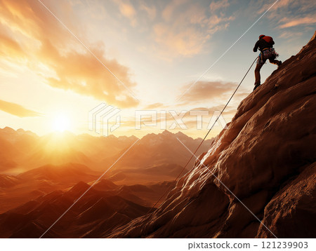 A climber rappelling down a steep rock face during a dramatic sunset A climber rappelling down a steep rock face during a dramatic sunset 121239903
