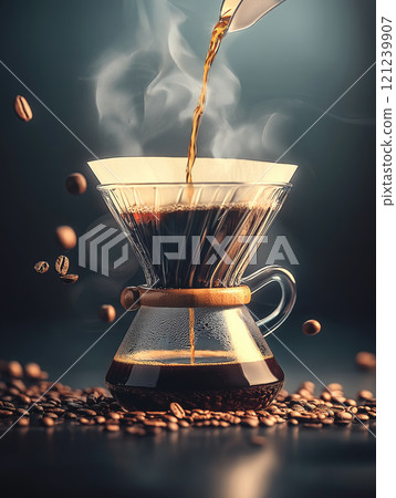 Pouring hot coffee into a Chemex with steam rising Pouring hot coffee into a Chemex with steam rising 121239907
