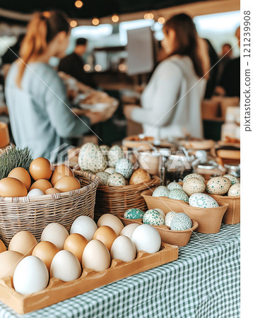 A rustic market stall displaying a variety of eggs, including natural and speckled varieties 121239908