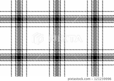 Textured check textile plaid, choose vector fabric background. Primary tartan seamless texture pattern in white and black colors. Textured check textile plaid, choose vector fabric background. Primary tartan seamless texture pattern in white and black colors. 121239996