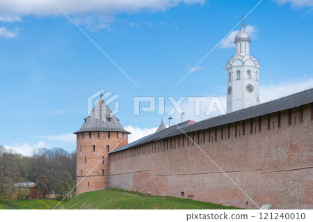 View of walls of the Kremlin, Detinets, Mitropolichia Tower, Clock Tower. Veliky Novgorod. View of walls of the Kremlin, Detinets, Mitropolichia Tower, Clock Tower. Veliky Novgorod. 121240010