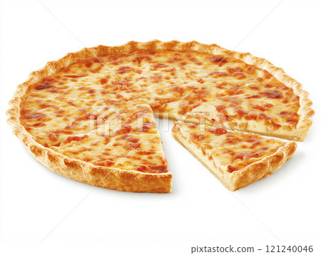 Cheese and bacon pie with a slice removed, showcasing a golden crust Cheese and bacon pie with a slice removed, showcasing a golden crust 121240046