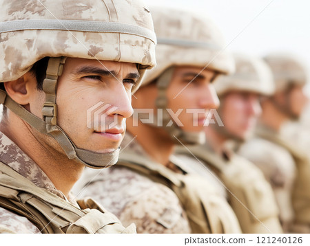 Focused soldier in military uniform with helmet Focused soldier in military uniform with helmet 121240126