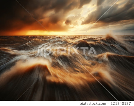 Stormy ocean waves at sunset with dramatic skies 121240127