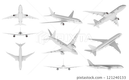 Airliner, aeroplane. Side, front and top views. 3D rendering 121240133