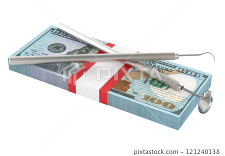 Dental tools with dollar pack. Cost of dental treatment, concept. 3D rendering 121240138