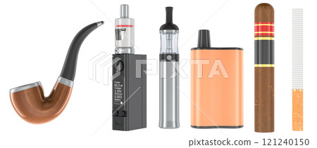 Smoking pipe, vaper, cigar, e-cigarette, box mod and cigarette. 3D rendering 121240150