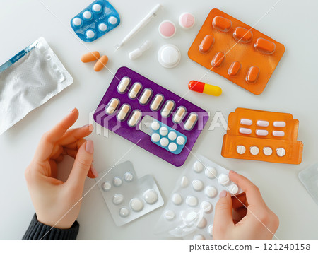 Assorted colorful blister packs of pills and capsules on a white surface with hands Assorted colorful blister packs of pills and capsules on a white surface with hands 121240158