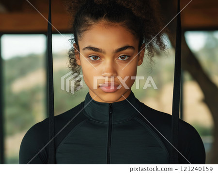 Focused young woman in a black sports outfit training Focused young woman in a black sports outfit training 121240159