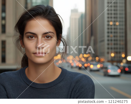 Portrait of a young woman in an urban setting with blurred city lights and traffic in the background 121240275