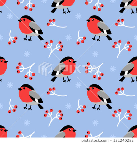 Seamless pattern with cartoon bullfinch, branches with red berries and snowflakes on blue background. Winter pattern for print, fabric, wrapping paper. Vector illustration 121240282