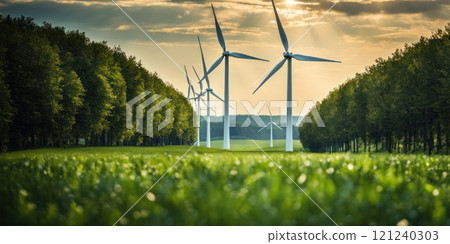 Panoramic view of wind farm or wind park, with high wind turbines for generation electricity with copy space. Green energy concept. Wind energy generators on a green field. AI 121240303