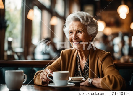 Portrait Senior white haired woman sitting at cafe table holding a coffee and milk glass, elderly lady in casual dress smiling positive. Elderly good looking woman drinking coffee. AI 121240304
