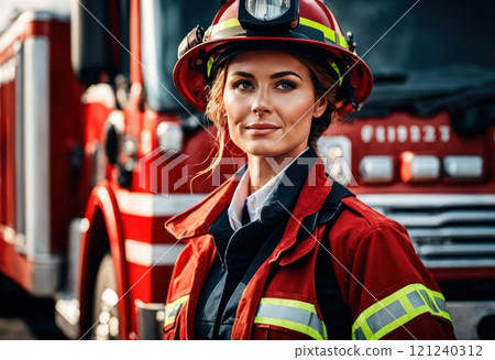 Portrait of firefighter in uniform and helmet near fire truck outdoors. Female firefighter against the background of a firetruck. AI 121240312