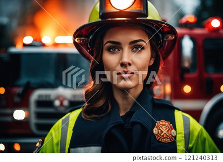 Portrait of firefighter in uniform and helmet near fire truck outdoors. Female firefighter against the background of a firetruck. AI 121240313