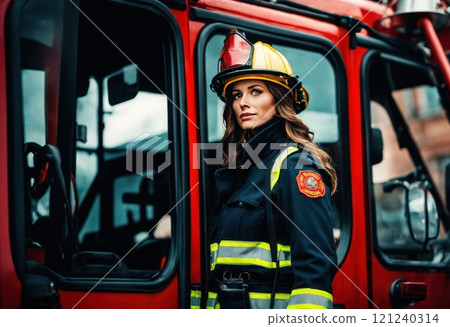 Portrait of firefighter in uniform and helmet near fire truck outdoors. Female firefighter against the background of a firetruck. AI 121240314