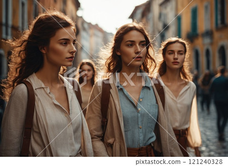 Lifestyle portrait of a diverse group of beautiful young women girlfriends walking around an European city and having fun, enjoying life. Young ladies walk through old city in casual linen clothes. AI 121240328