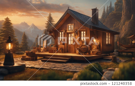 Modern wooden eco house villa facade luxury big house at sunset. Timber cottage, paved footpath and blue sky background. Landscaping design, garden watering and maintenance. AI Modern wooden eco house villa facade luxury big house at sunset. Timber cottage, paved footpath and blue sky background. Landscaping design, garden watering and maintenance. AI 121240358