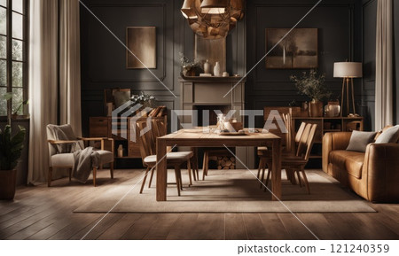 Cozy home kitchen or livingroom interior with natural wooden ceiling and furniture. Stylish and beige interior of dining room with design wooden table and chairs, elegant and rattan accessories. AI 121240359