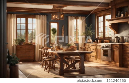 Cozy home kitchen or livingroom interior with natural wooden ceiling and furniture. Stylish and beige interior of dining room with design wooden table and chairs, elegant and rattan accessories. AI Cozy home kitchen or livingroom interior with natural wooden ceiling and furniture. Stylish and beige interior of dining room with design wooden table and chairs, elegant and rattan accessories. AI 121240360