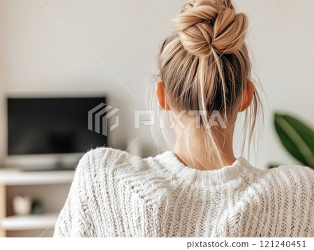 Back view of a woman with a styled bun wearing a cozy knit sweater in a minimalist home workspace 121240451