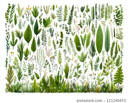 Collection of various green leaves, ferns, and plants on a white background Collection of various green leaves, ferns, and plants on a white background 121240455