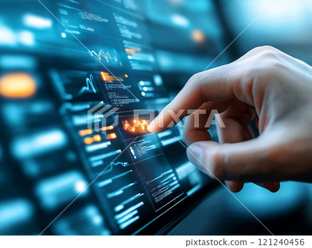 A hand interacting with a futuristic touchscreen displaying glowing blue and orange data graphs 121240456