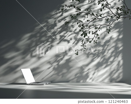 A laptop on a desk with tree shadows creating intricate patterns on the wall 121240463