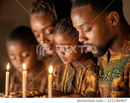 African American family lighting candles in celebration 121240467