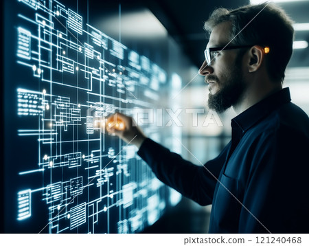 A man in a futuristic control room interacts with a glowing digital interface 121240468