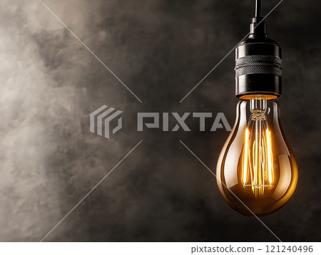 Glowing vintage-style light bulb illuminating against a dark 121240496
