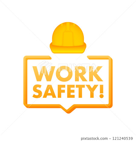 Work safety sign promoting workplace security with hard hat icon 121240539